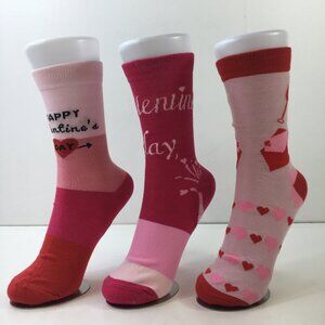 Womens Crew Socks Set 3 Valentines Print Hearts Love Notes Colorblock Pink Red